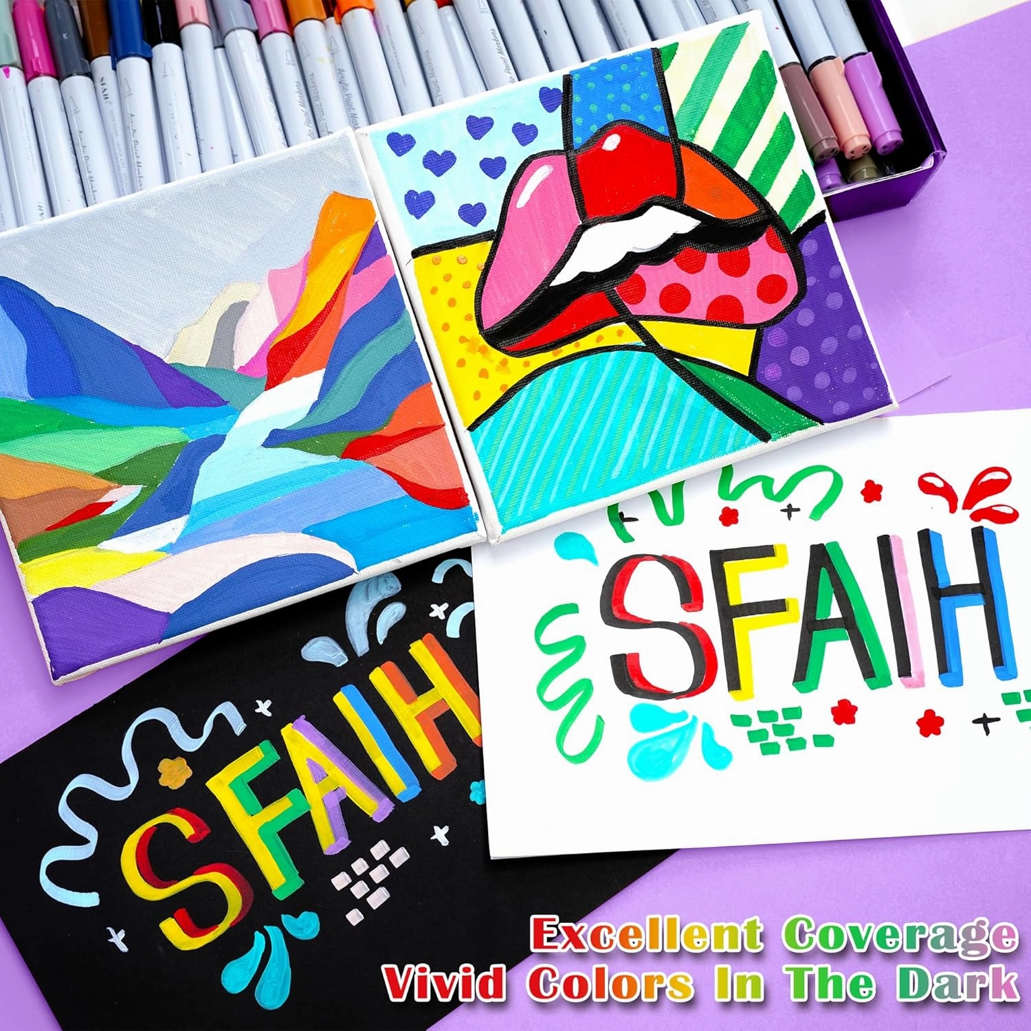 SFAIH Acrylic Paint Markers, 48 Colors Dual Tips Acrylic Brush Markers With Chisel Tip, Automatic Ink Control, Ultra-High Coverage, No Bleed Water-Based Ink, Art Supplies for Rock, Canvas, Fabric