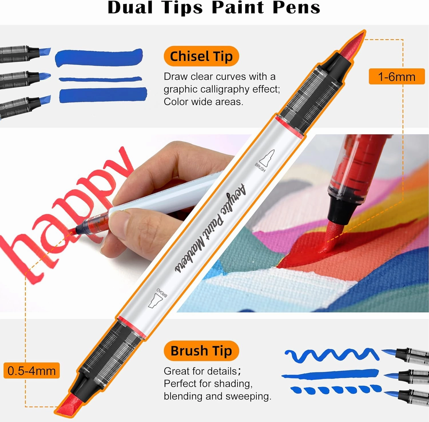 SFAIH Acrylic Paint Markers, 48 Colors Dual Tips Acrylic Brush Markers With Chisel Tip, Automatic Ink Control, Ultra-High Coverage, No Bleed Water-Based Ink, Art Supplies for Rock, Canvas, Fabric