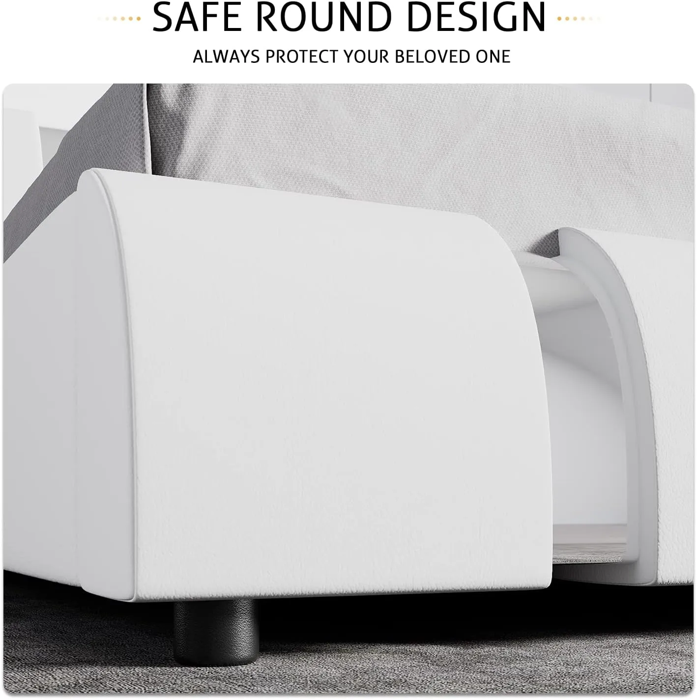 SHA CERLIN King Size Bed Frame with Iron Pieces Decor and Adjustable Headboard/Deluxe Upholstered Modern Platform Bed with Solid Wooden Slats Support/No Box Spring Needed, White