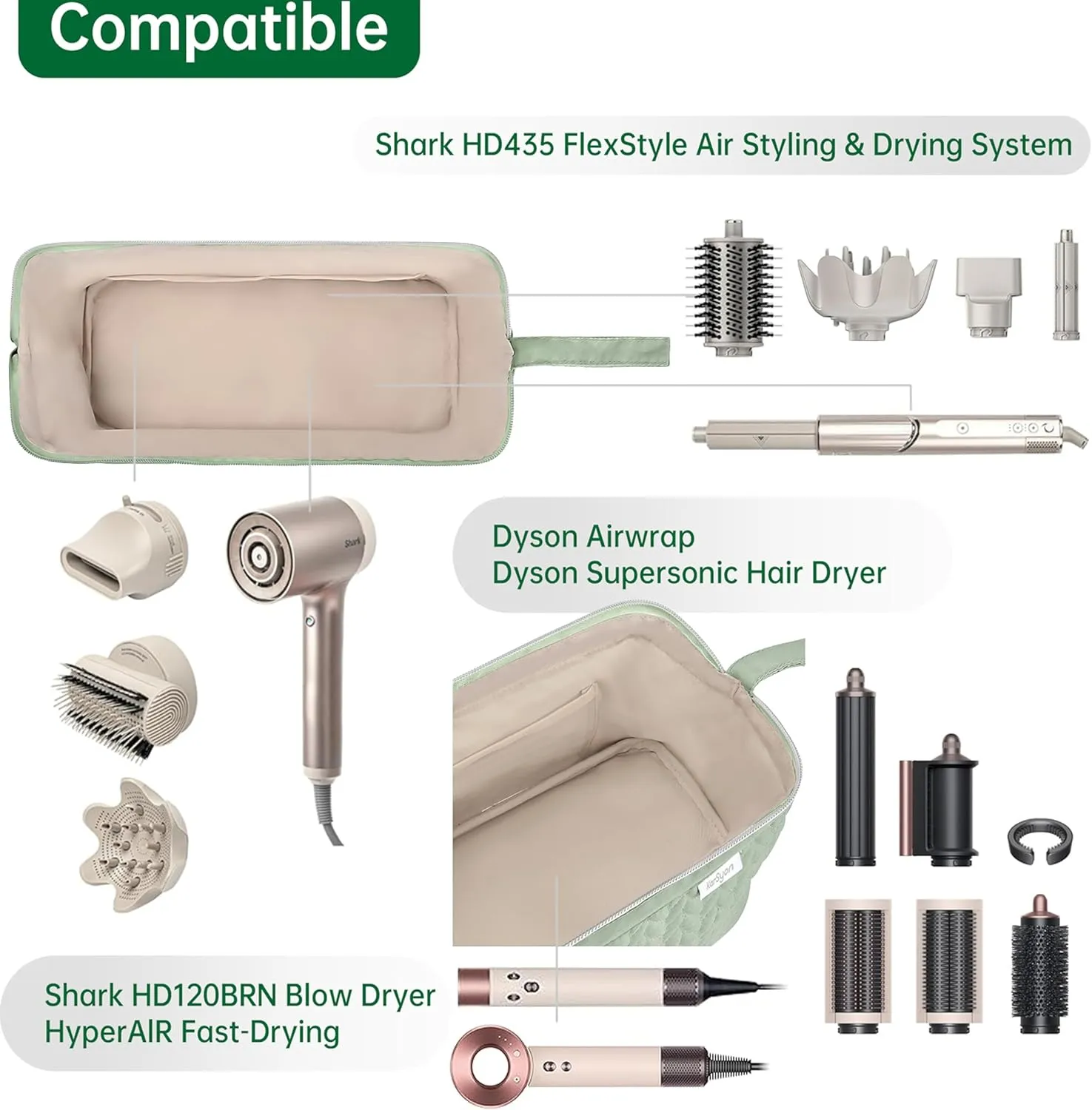 Shark Flex Style Case for Airwrap Hair Dryer Brush Revlon Hair Tools Travel Bag Carrying Case Flat Curling Iron Organizer (Sage Green)