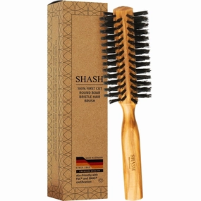 SHASH Boar Bristle Round Brush - Made In Germany | Volumize and Revitalize Your Hair with Softer, Smoother Results - Scalp Exfoliation and Stimulation - Eco-Sourced Olive Wood Handle