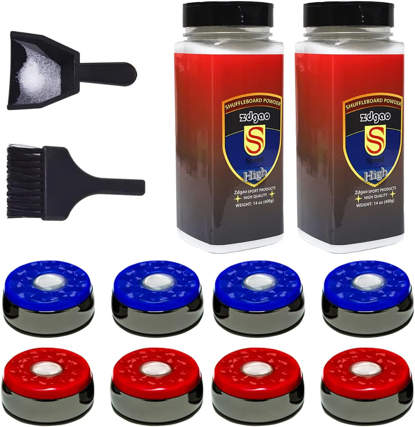Shuffleboard Pucks w/ 2 Cans Shuffleboard Wax, Mini Dustpan and Brush for Shuffleboard Table, Complete Shuffleboard Accessories Bundle