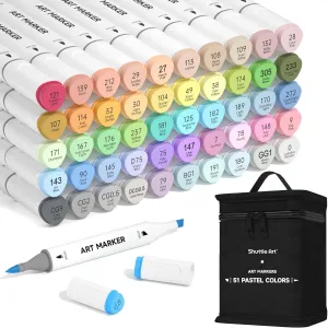 Shuttle Art Pastel Alcohol Markers Brush tip, Dual Tip Brush & Chisel Tip Art Marker Set, 50 Colors plus 1 Blender Marker Pens with Case Perfect for Illustration Students Adults Coloring Sketching