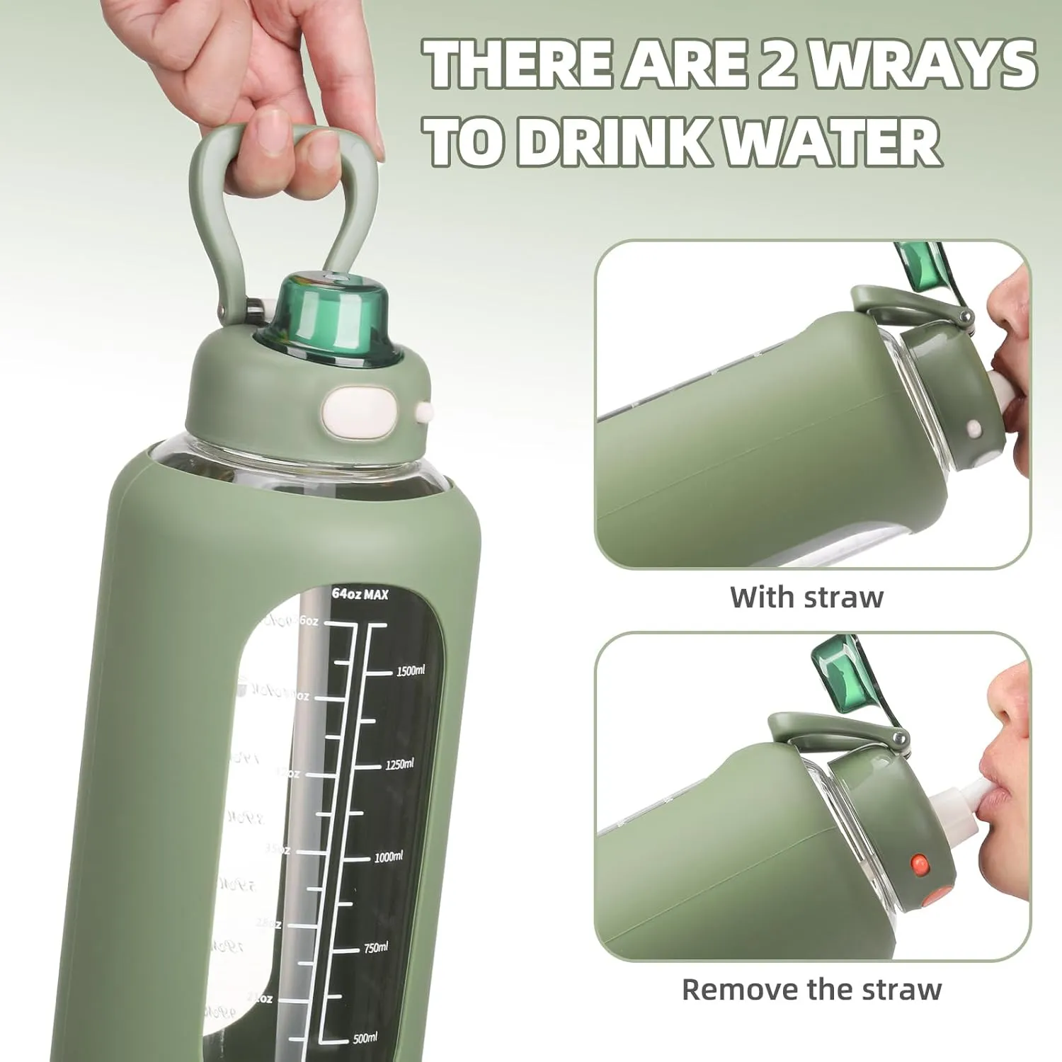 SIEROZUR 64 oz Glass Water Bottle with Straw and Handle Large Sports Motivational Water Bottle Flask with Time Marker Leakproof Water Jug with Silicone Sleeve for Gym