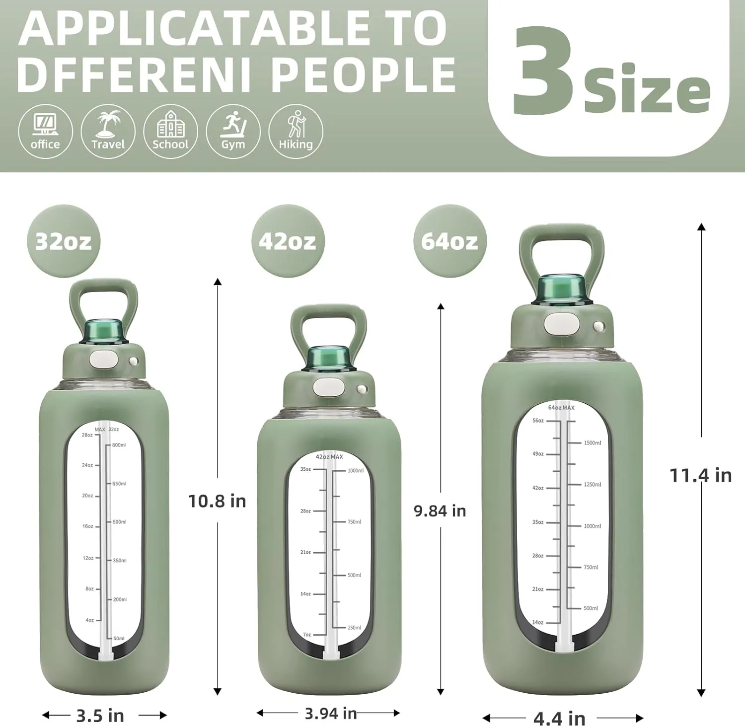 SIEROZUR 64 oz Glass Water Bottle with Straw and Handle Large Sports Motivational Water Bottle Flask with Time Marker Leakproof Water Jug with Silicone Sleeve for Gym