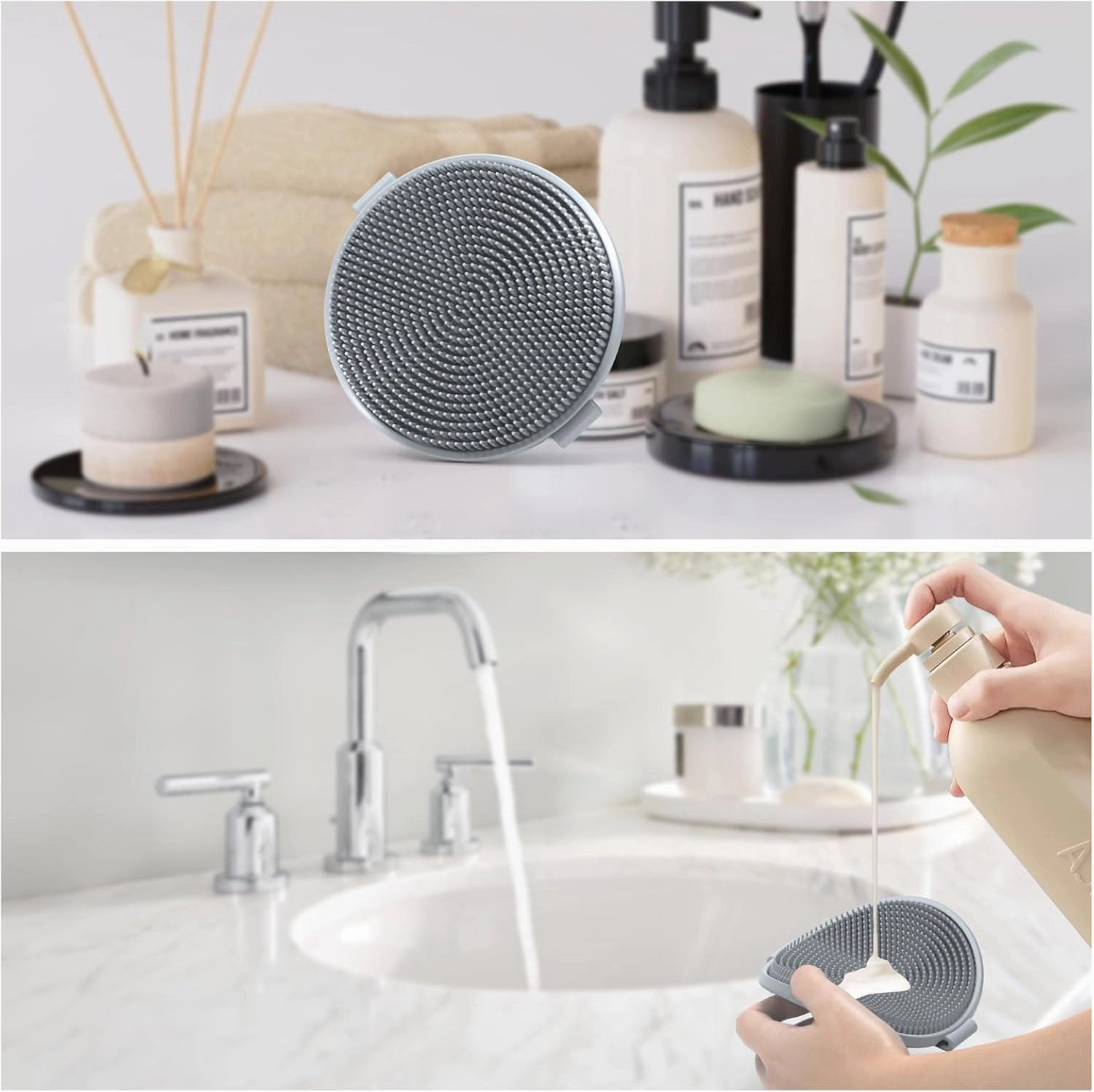 Silicone Body Scrubber Exfoliator for Shower - Shower Scrubber, Soft Skin Cleanser for Smooth Skin, Reusable Eco，Durable & Lather-Boosting, Men/Women Bath Brush (Grey, Round)