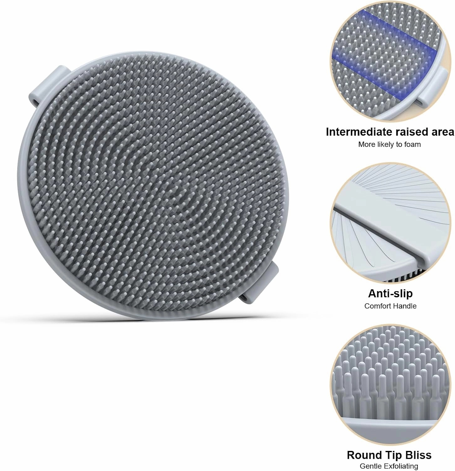 Silicone Body Scrubber Exfoliator for Shower - Shower Scrubber, Soft Skin Cleanser for Smooth Skin, Reusable Eco，Durable & Lather-Boosting, Men/Women Bath Brush (Grey, Round)