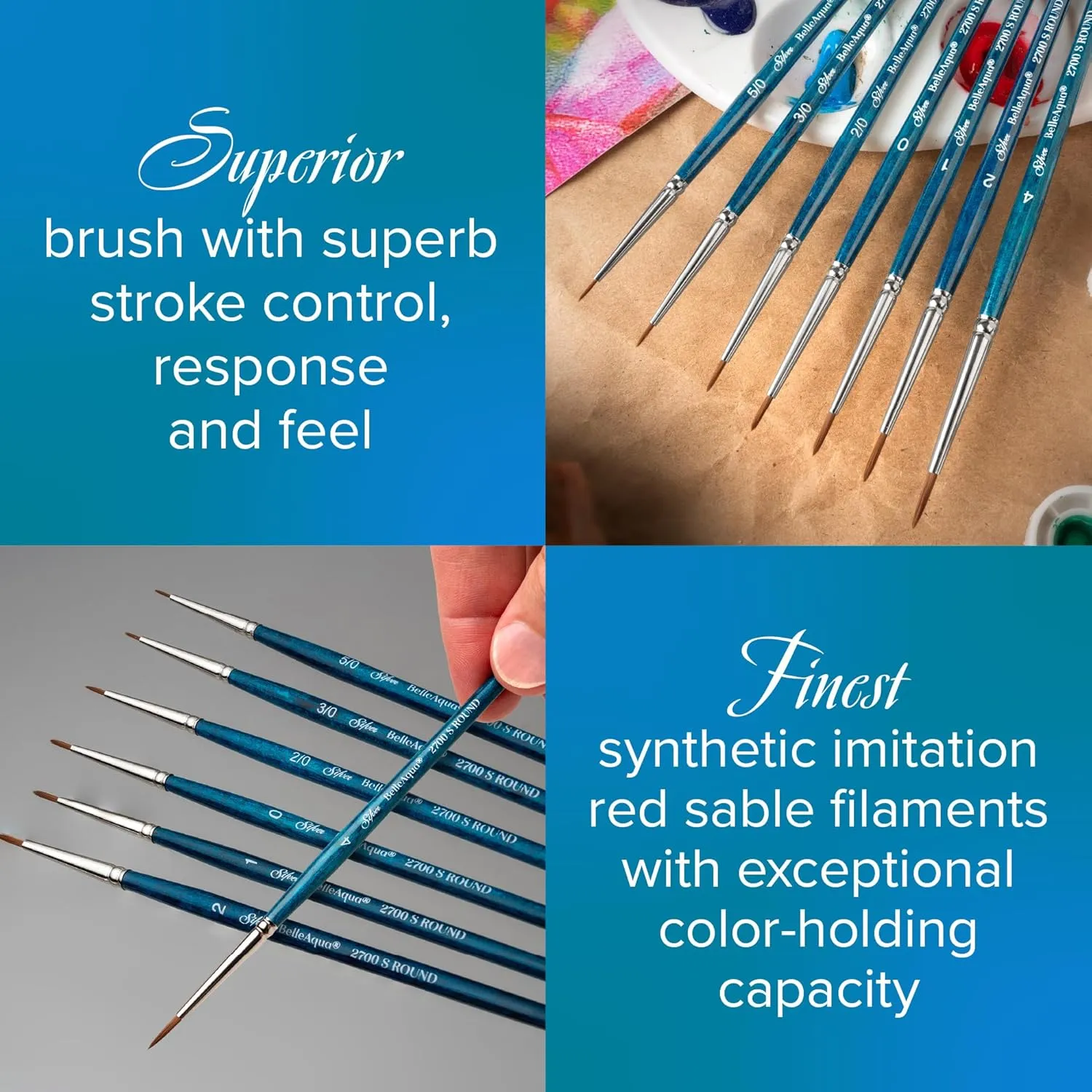 Silver Brush Limited BA-2701S BelleAqua Perfect Detail Watercolor Brush Set, 4pc Professional Premium Soft Synthetic Red Sable Round Paint Brush Set, Size 5/0, 3/0, 2/0, and 0 Round Artist Brushes