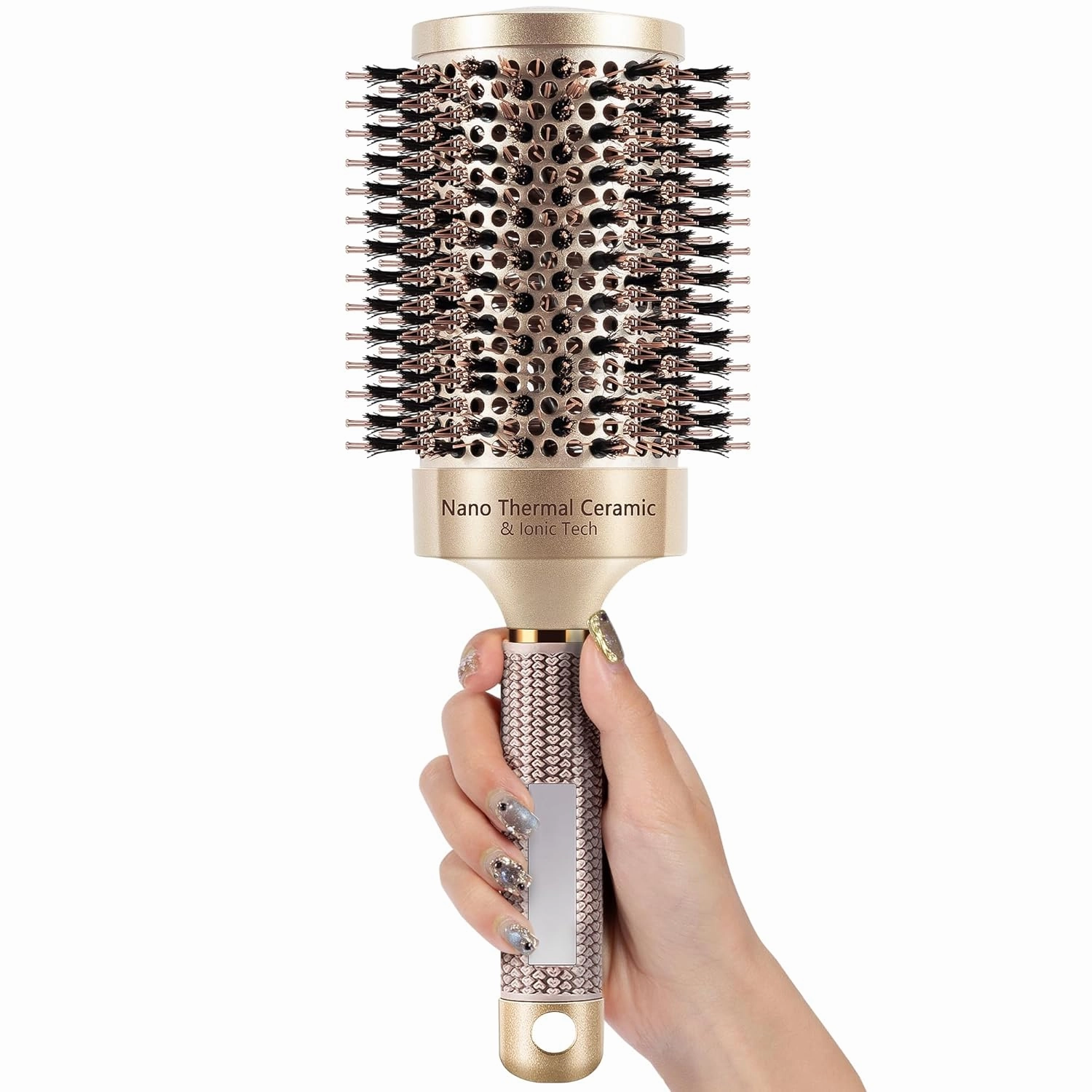 SIMPOR Large Round Brush for Blow Out, Nano Thermal Ceramic & Ionic Tech Round Barrel Hair Brush with Boar Bristles, Roller for Blow Drying (Gold, 4 inch, Barrel 2.7 Inch, 65mm)