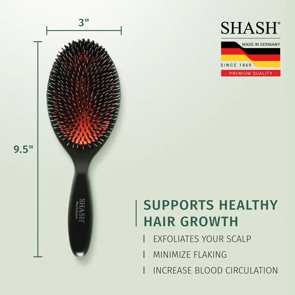Since 1869 Hand Made In Germany - Nylon Boar Bristle Brush Suitable For Normal to Thick Hair - Gently Detangles, No Pulling or Split Ends - Softens and Improves Texture, Stimulates Scalp (Large)
