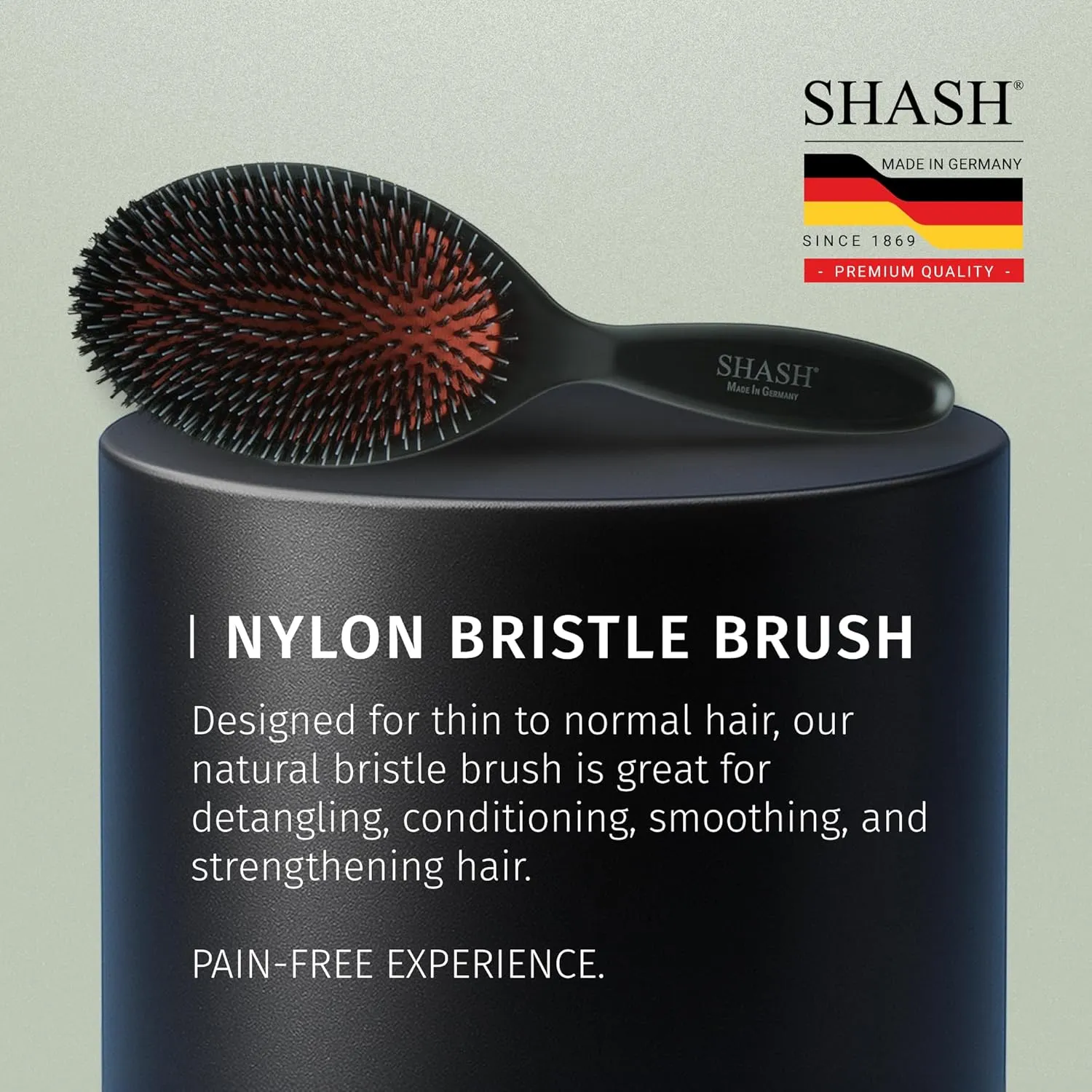 Since 1869 Hand Made In Germany - Nylon Boar Bristle Brush Suitable For Normal to Thick Hair - Gently Detangles, No Pulling or Split Ends - Softens and Improves Texture, Stimulates Scalp (Large)