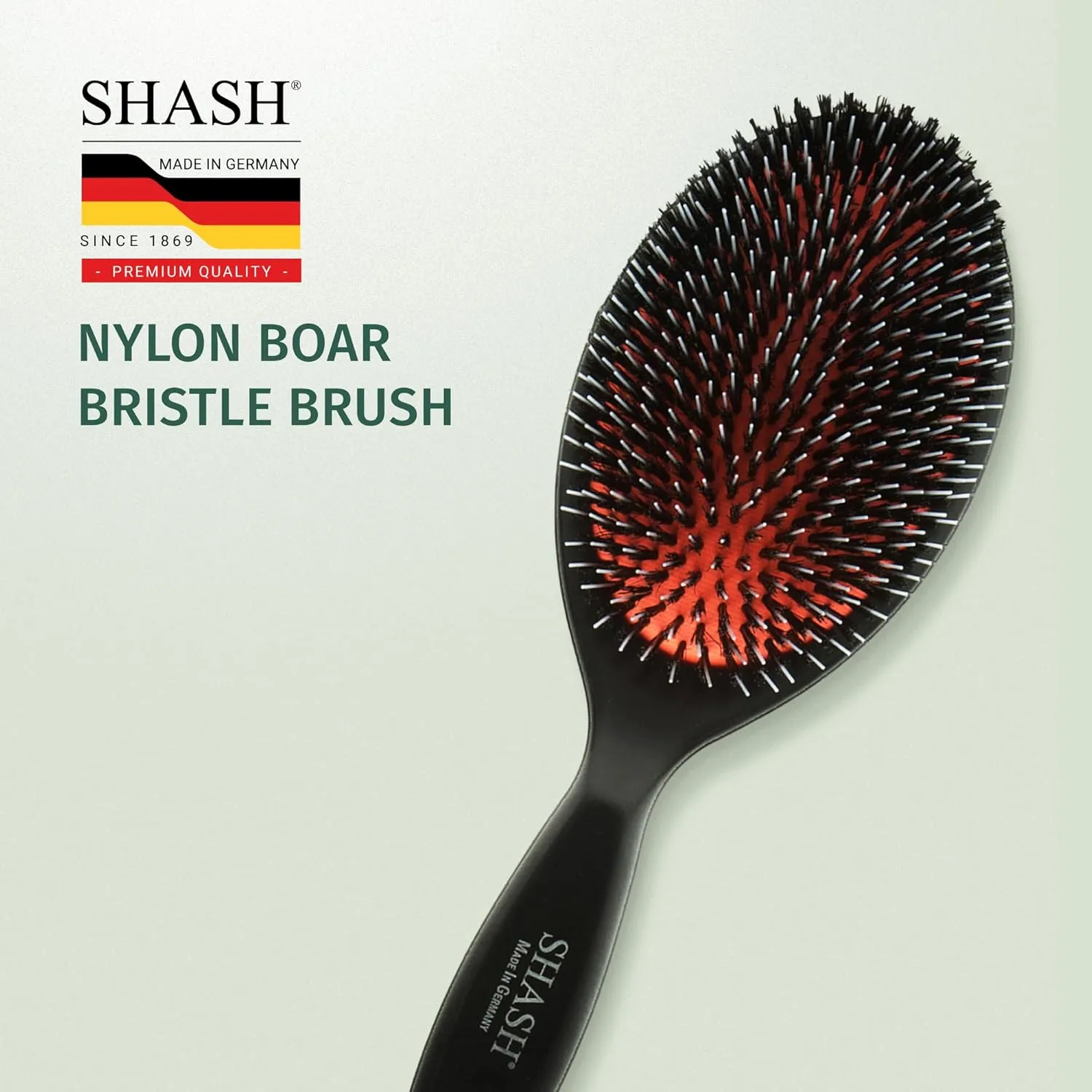 Since 1869 Hand Made In Germany - Nylon Boar Bristle Brush Suitable For Normal to Thick Hair - Gently Detangles, No Pulling or Split Ends - Softens and Improves Texture, Stimulates Scalp (Large)