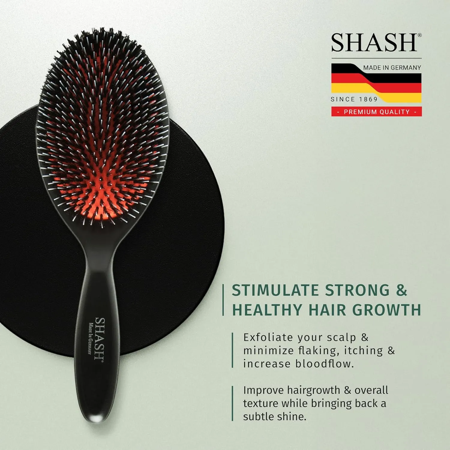 Since 1869 Hand Made In Germany - Nylon Boar Bristle Brush Suitable For Normal to Thick Hair - Gently Detangles, No Pulling or Split Ends - Softens and Improves Texture, Stimulates Scalp (Large)