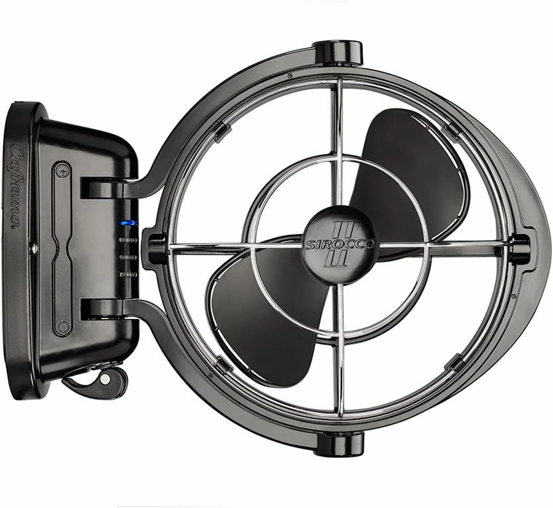 Sirocco II™ Fan from by Caframo. 12V/24V Auto-Sensing DC, Omnidirectional Low-Power Draw Fan for Boats and RVs. Hardwire Installation Required. Made in Canada. Black.