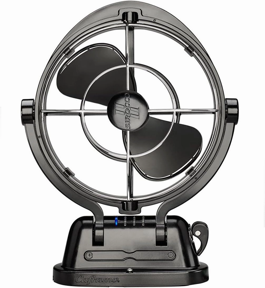 Sirocco II™ Fan from by Caframo. 12V/24V Auto-Sensing DC, Omnidirectional Low-Power Draw Fan for Boats and RVs. Hardwire Installation Required. Made in Canada. Black.