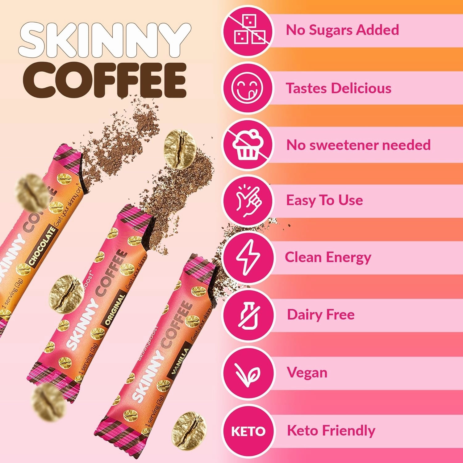 Skinny Boost Instant Skinny Coffee Sticks (Chocolate) - Made with Arabica Coffee Beans, Garcinia Cambogia, Green Tea Extract, B Vitamins, Fiber and Prebiotics –Sugar Free-Keto Friendly (28 Packets)