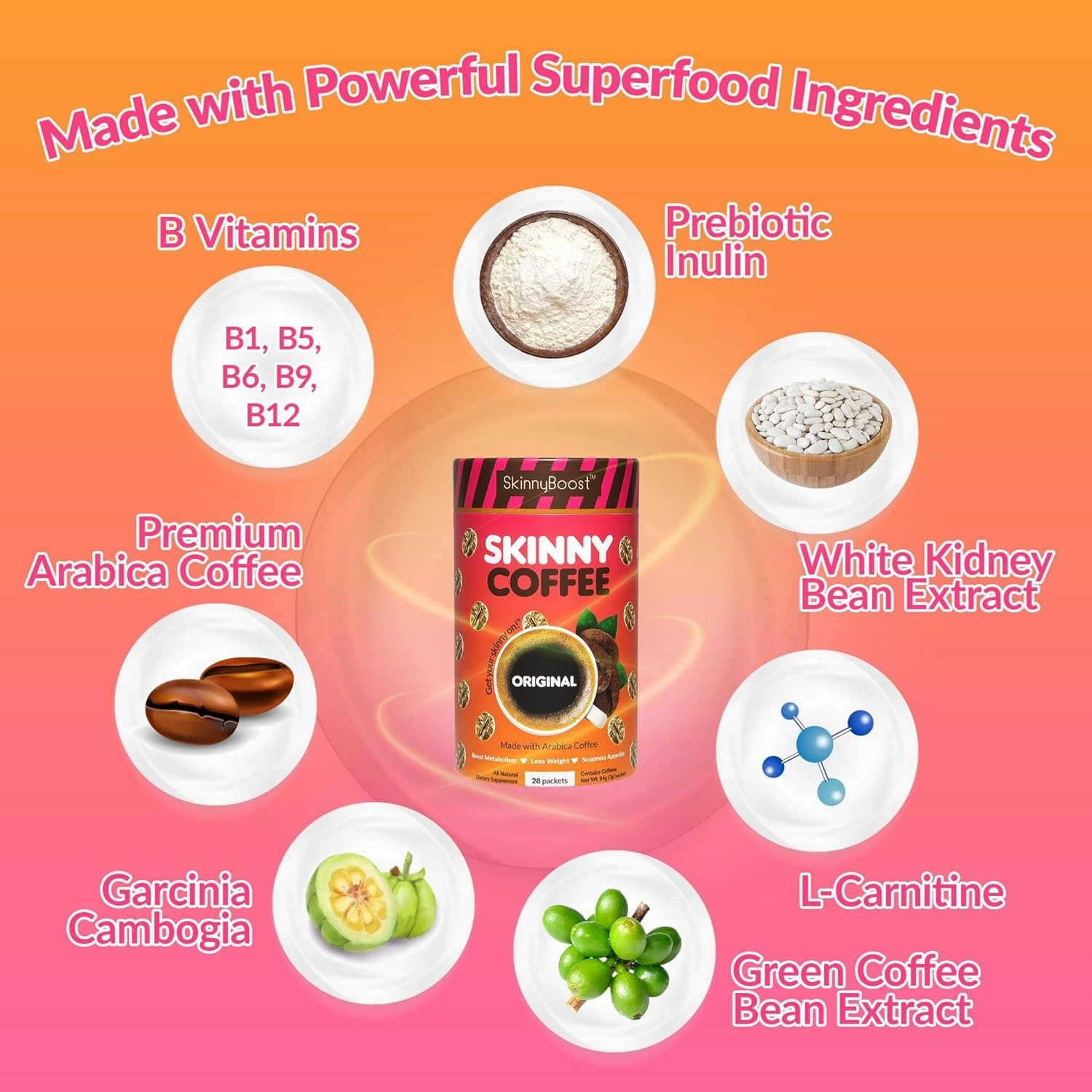 Skinny Boost Instant Skinny Coffee Sticks (Chocolate) - Made with Arabica Coffee Beans, Garcinia Cambogia, Green Tea Extract, B Vitamins, Fiber and Prebiotics –Sugar Free-Keto Friendly (28 Packets)