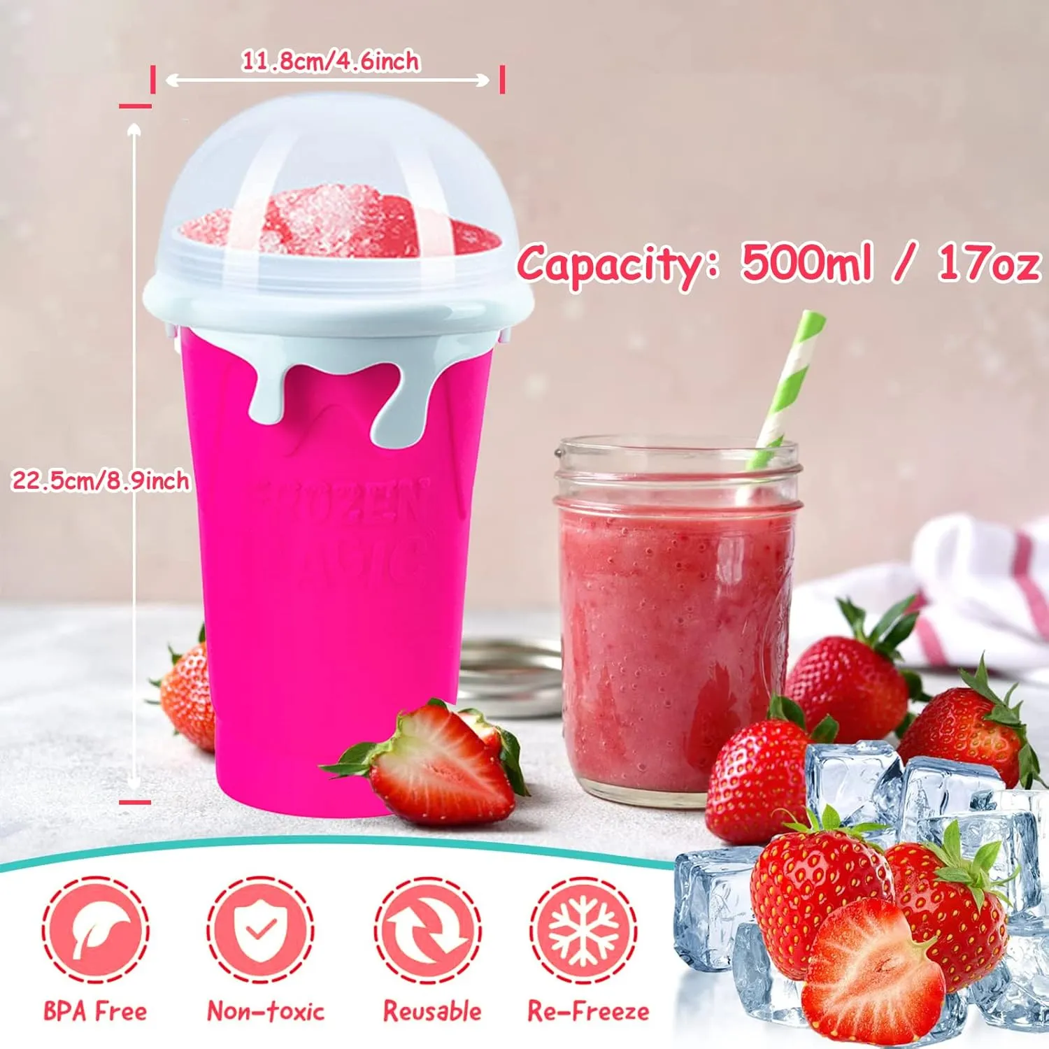 Slushy Maker Cup, Slushie Cup, Quick Frozen Magic Cup, 17oz/500ml Double Layers Slushie Maker Cup, Cool Stuff Birthday Gifts for Kids (Rose)