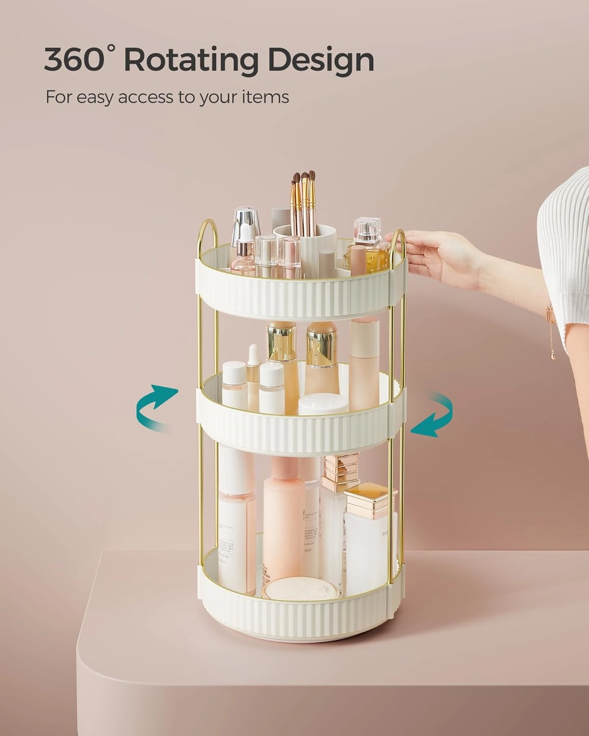 SONGMICS Makeup Organizer, 3-Tier Round Rotating Skincare Organizer Countertop, Customizable, Toiletries Vanity Organizer, Lazy Susan, Gift, Cloud White UJKA011W01