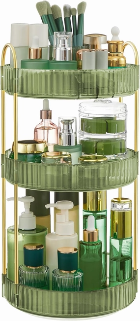 SONGMICS Makeup Organizer, 3-Tier Round Rotating Skincare Organizer Countertop, Customizable, Toiletries Vanity Organizer, Lazy Susan, Gift, Pale Green UJKA011C01