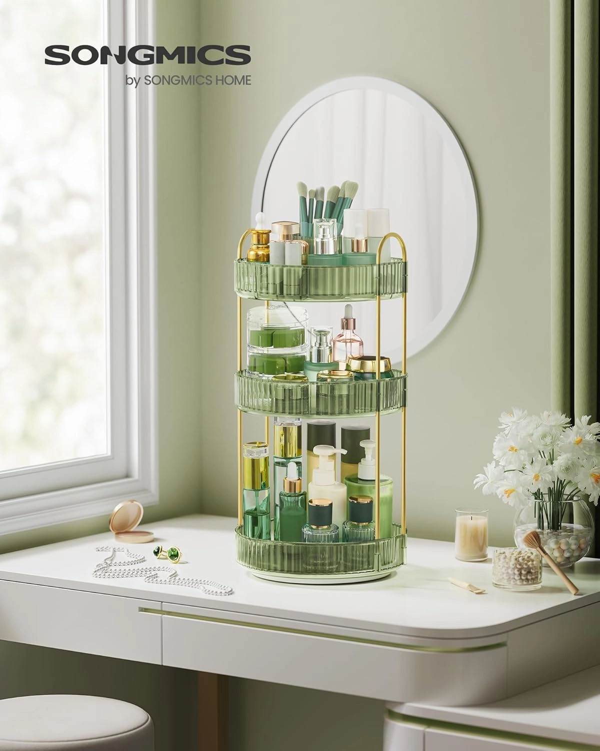 SONGMICS Makeup Organizer, 3-Tier Round Rotating Skincare Organizer Countertop, Customizable, Toiletries Vanity Organizer, Lazy Susan, Gift, Pale Green UJKA011C01