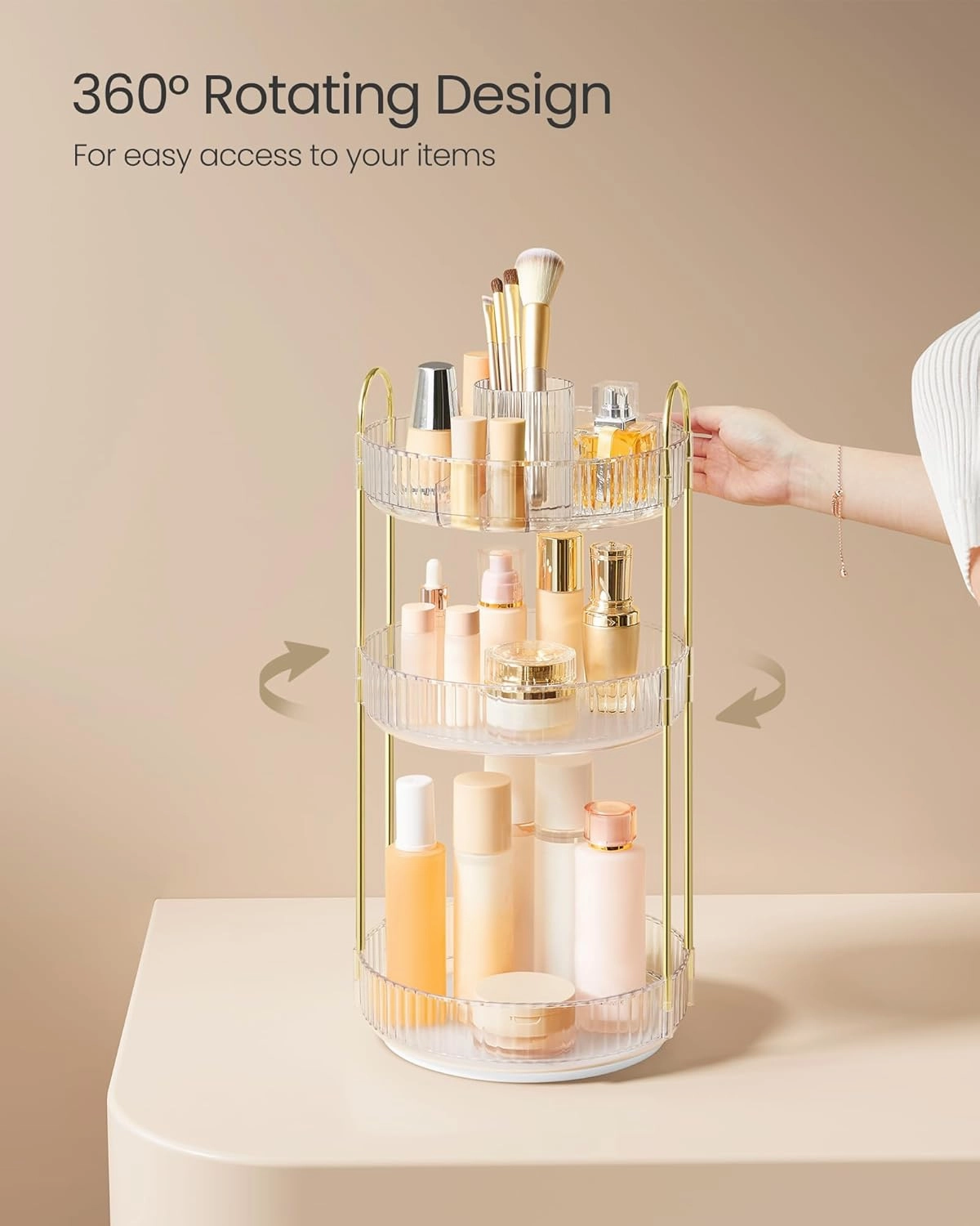 SONGMICS Makeup Organizer, 3-Tier Round Rotating Skincare Organizer Countertop, Customizable, Toiletries Vanity Organizer, Lazy Susan, Gift, Transparent UJKA011W02