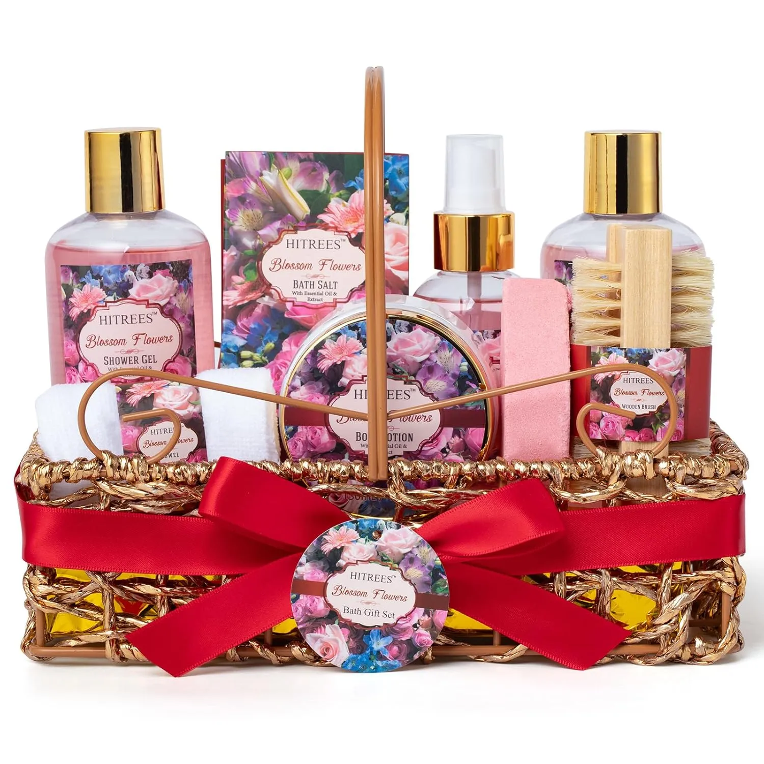 Spa Gift Basket for Women, ROSE & JASMINE Friendship Gifts Women, Tote Bag, Shower Gel, Hand & Body Cream, Hitrees Bath Gift Set for Her, Mom, Mothers Day