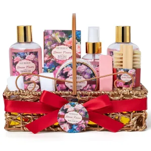 Spa Gift Basket for Women, ROSE & JASMINE Friendship Gifts Women, Tote Bag, Shower Gel, Hand & Body Cream, Hitrees Bath Gift Set for Her, Mom, Mothers Day