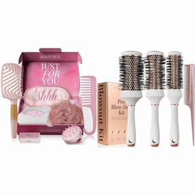 Spa Beauty and Styling Bundle with 7-Piece Self-Care Kit and Luxury Barrel Brushes – Ultimate Set for Relaxation, Skincare, and Professional Hair Styling at Home