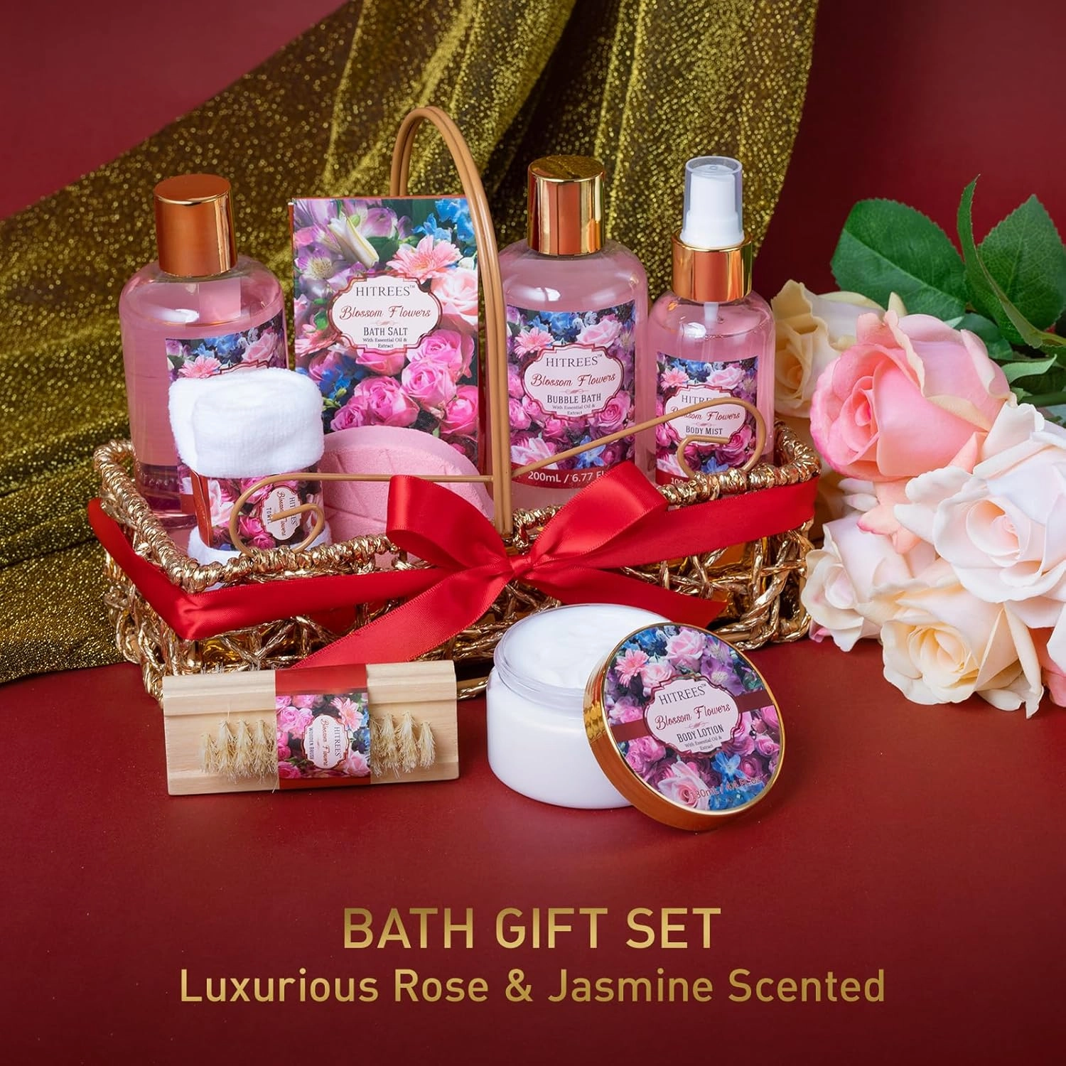 Spa Gift Basket for Women, ROSE & JASMINE Friendship Gifts Women, Tote Bag, Shower Gel, Hand & Body Cream, Hitrees Bath Gift Set for Her, Mom, Mothers Day