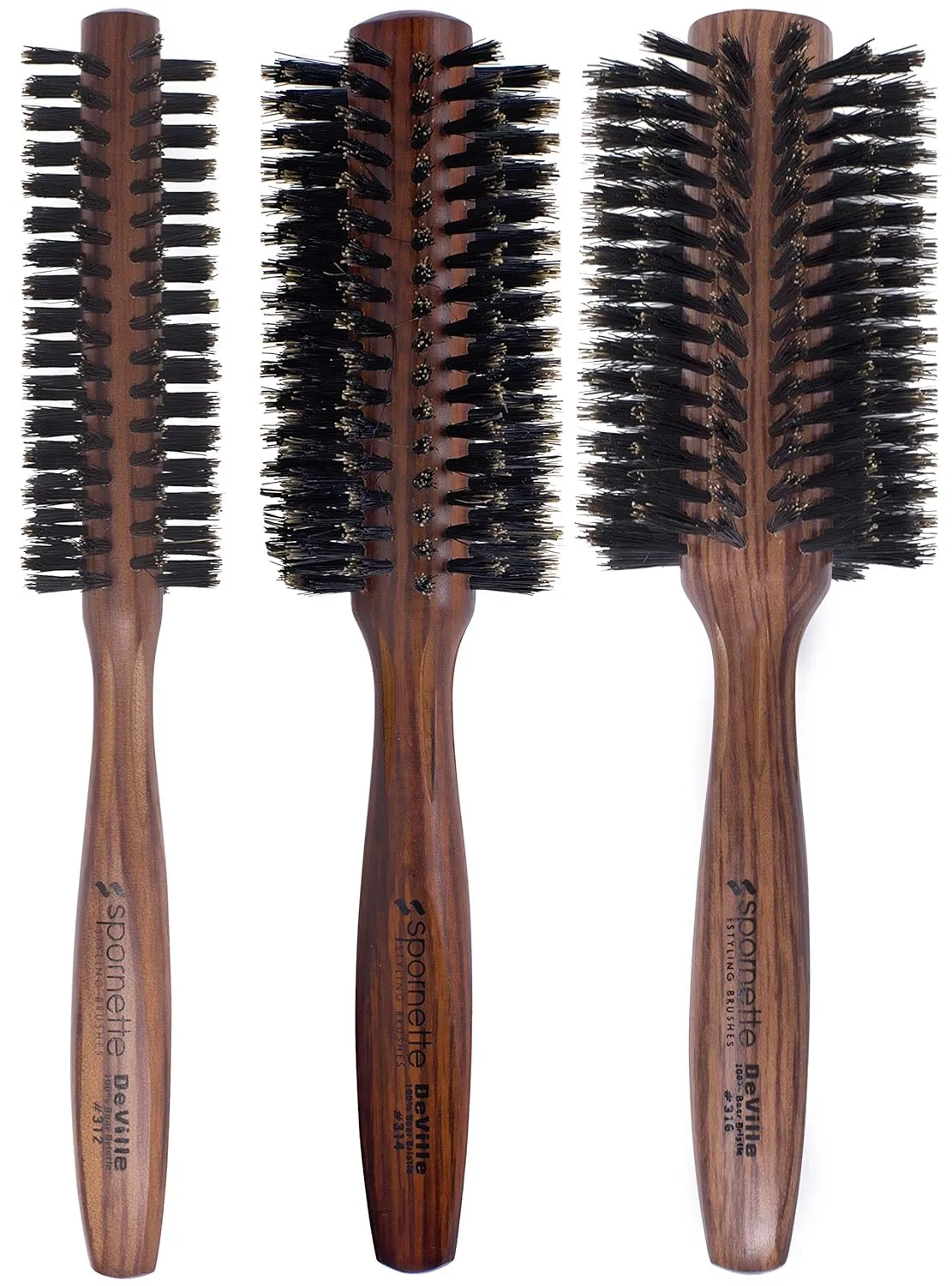 Spornette DeVille Boar Bristle Round Brush Set - Professional Hair Brushes Including 1.5, 2, and 2.5 inch Sizes - For Women, Men, & Kids