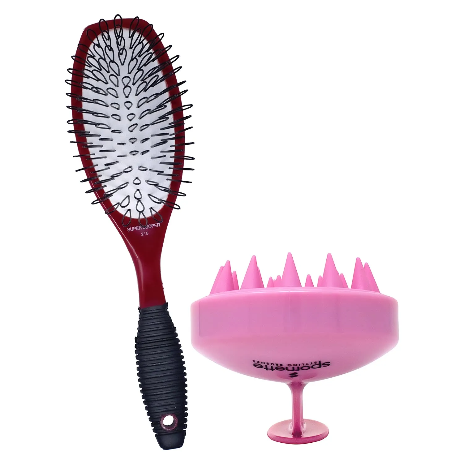 Spornette Large Super Looper Wig Brush Bundle with Scalp Massager Shampoo Brush Pink