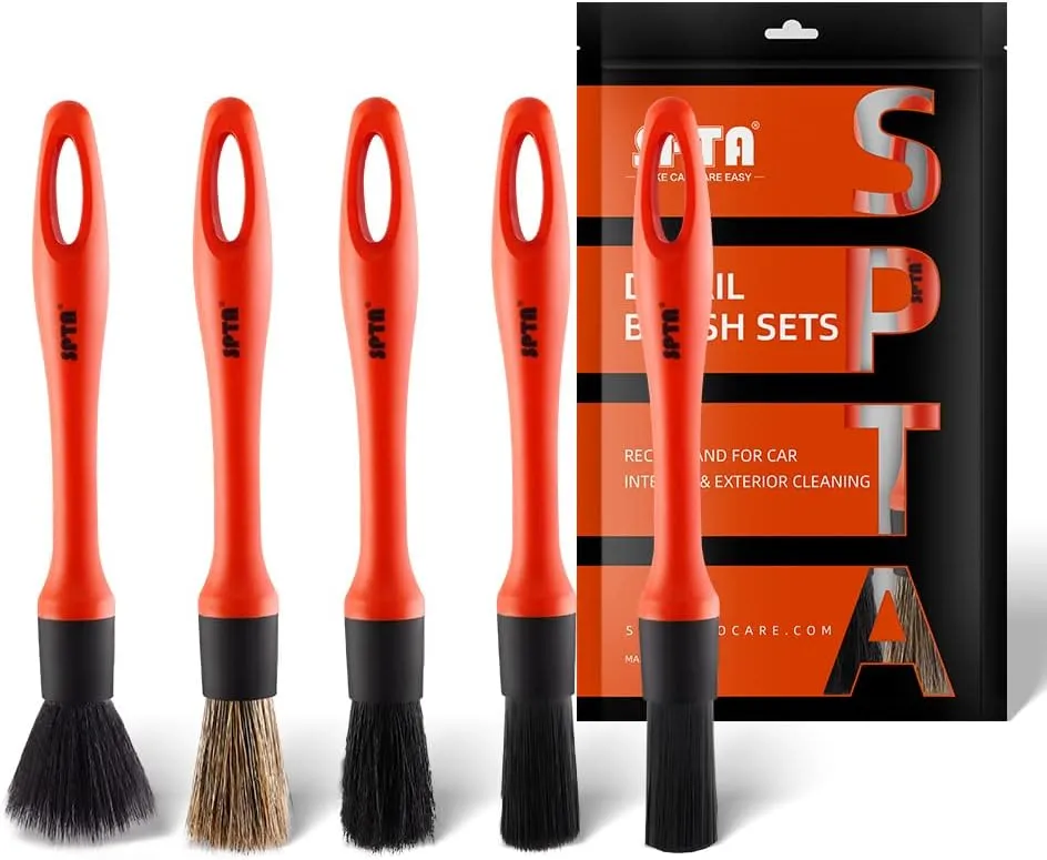 SPTA Car Detailing Brush Set, 5 Pack Soft Mixed Hair Auto Detail Brush Kit No Scratch for Automotive Elegant Surface Interior Exterior Dashboard Emblems Panels Engine Bay Wheels Air Vent Seat Leather