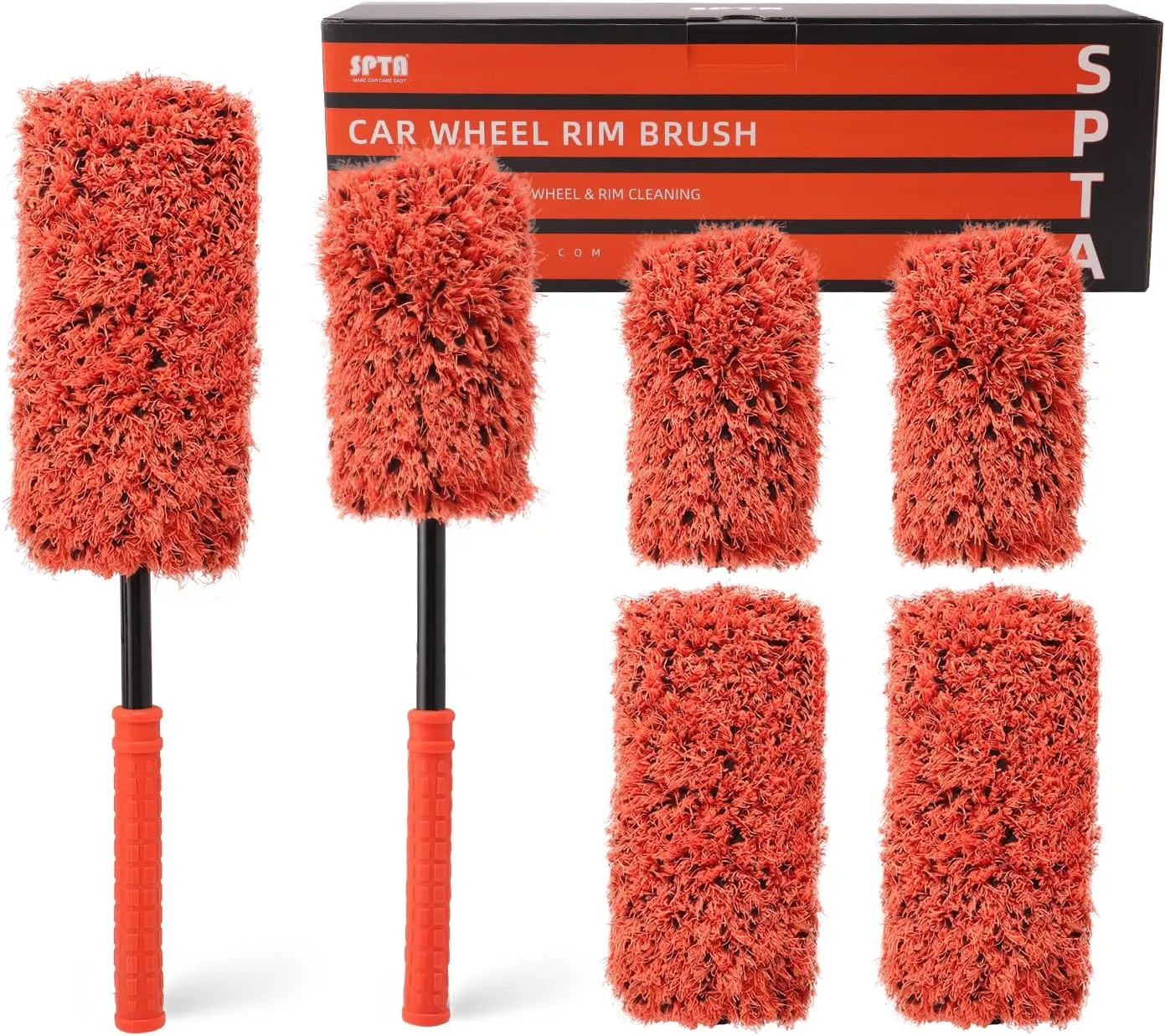 SPTA Car Wheel Brush Set, 2Pcs Microfibre Rim Brush with Extra 2 Large and 2 Small Interchangeable Microfiber Covers, Rim Cleaner Brush for Wheel Cleaning, Wheel Cleaning Brush for All Wheel Types