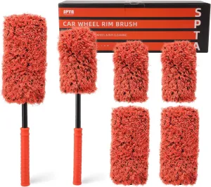 SPTA Car Wheel Brush Set, 2Pcs Microfibre Rim Brush with Extra 2 Large and 2 Small Interchangeable Microfiber Covers, Rim Cleaner Brush for Wheel Cleaning, Wheel Cleaning Brush for All Wheel Types