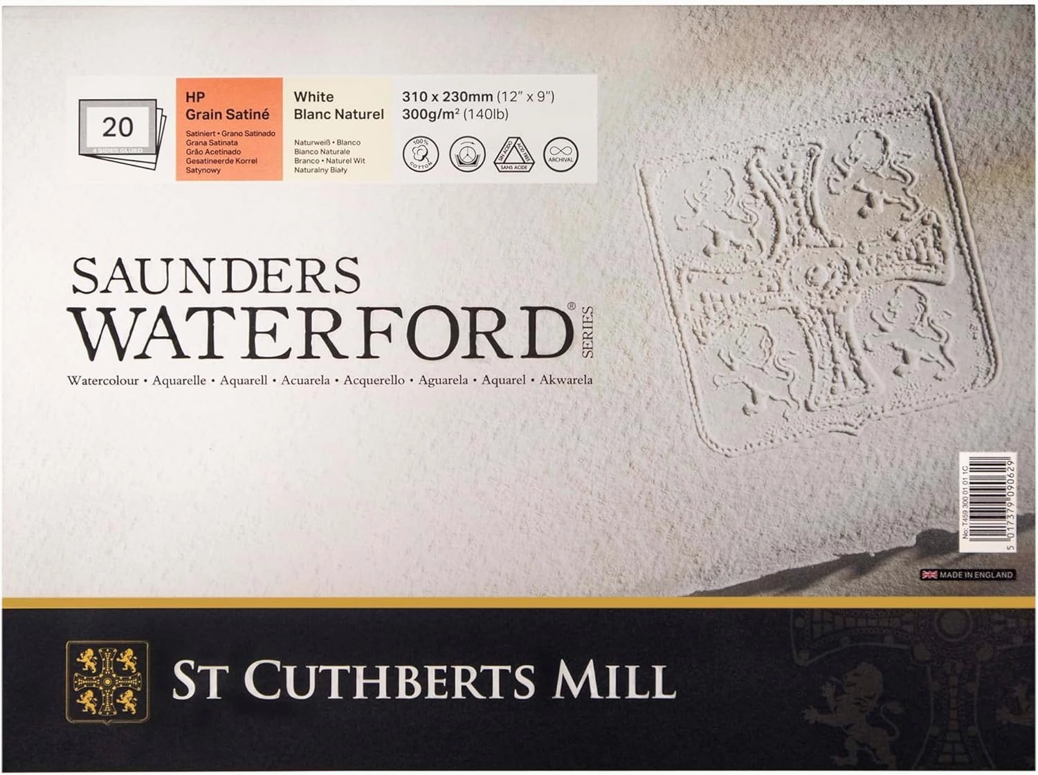 St. Cuthberts Mill Saunders Watercolor Paper Block - 12x9-inch White 100% Cotton - 20 Sheets of 140lb Hot Press Watercolor Paper for Gouache Ink Acrylic Charcoal and More