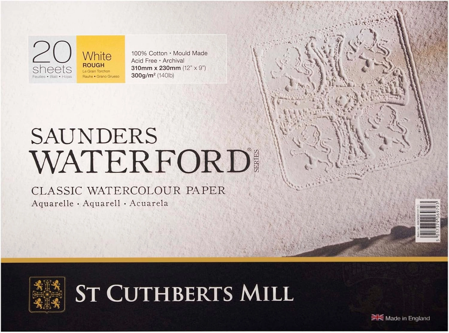 St. Cuthberts Mill Saunders Watercolor Paper Block - 12x9-inch White 100% Cotton - 20 Sheets of 140lb Rough Watercolor Paper for Gouache Ink Acrylic Charcoal and More