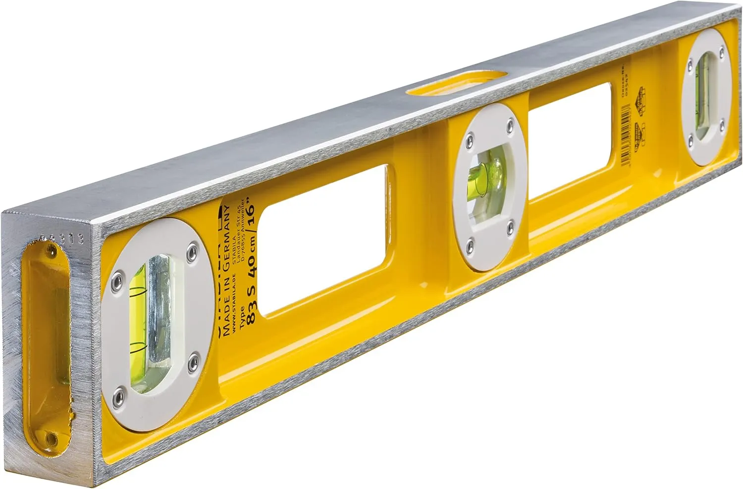 Stabila 83S Spirit Level Type 83 S, 40 cm, Extremely Robust Die-Cast Aluminium Profile, 1 Horizontal Level, 2 Vertical Levels, Handle Openings, Made in Germany