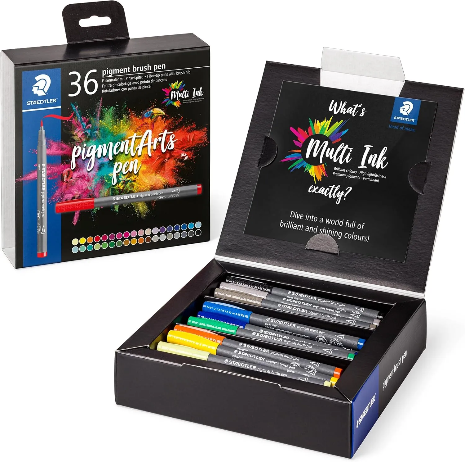 STAEDTLER Pigment Arts Brush Pen - Assorted Basic Colours, Pack of 36, 371 C36