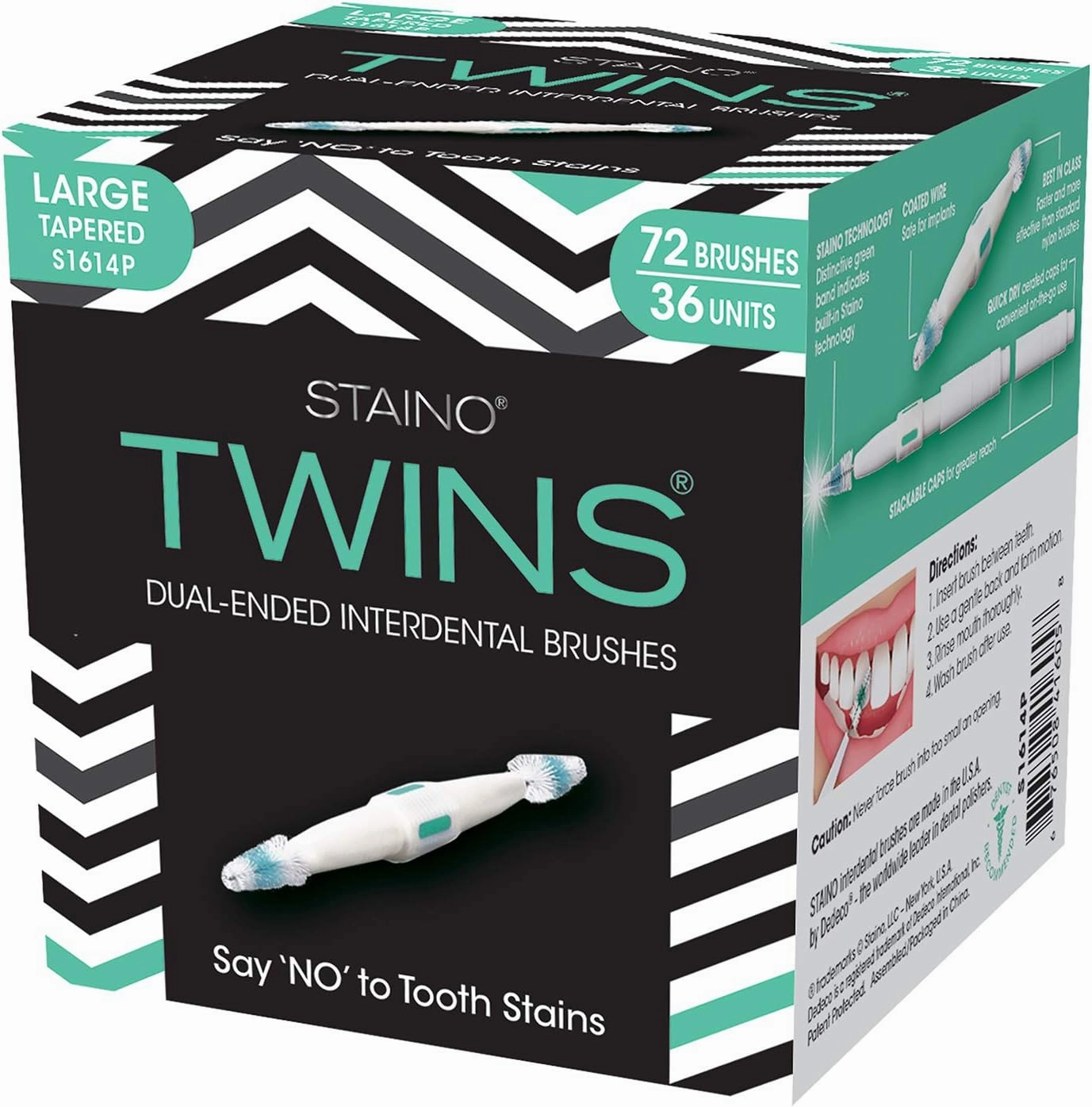 Staino Twins Interdental Brush Dual-Ended Travel Brush, Jumbos, Large Tapered Brush, 36 2-Brush Units - Total 72 Brushes