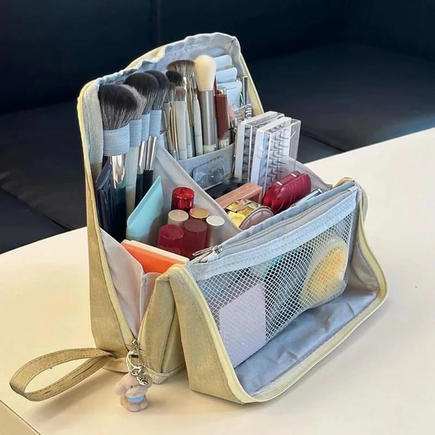 Standing Cosmetic Bag: Large Capacity Oxford Cloth Functional Makeup Case with Room for Brushes & Mirror, Portable Beauty Supplies Storage for Home & Vacation, Multi-purpose Design (Off white)