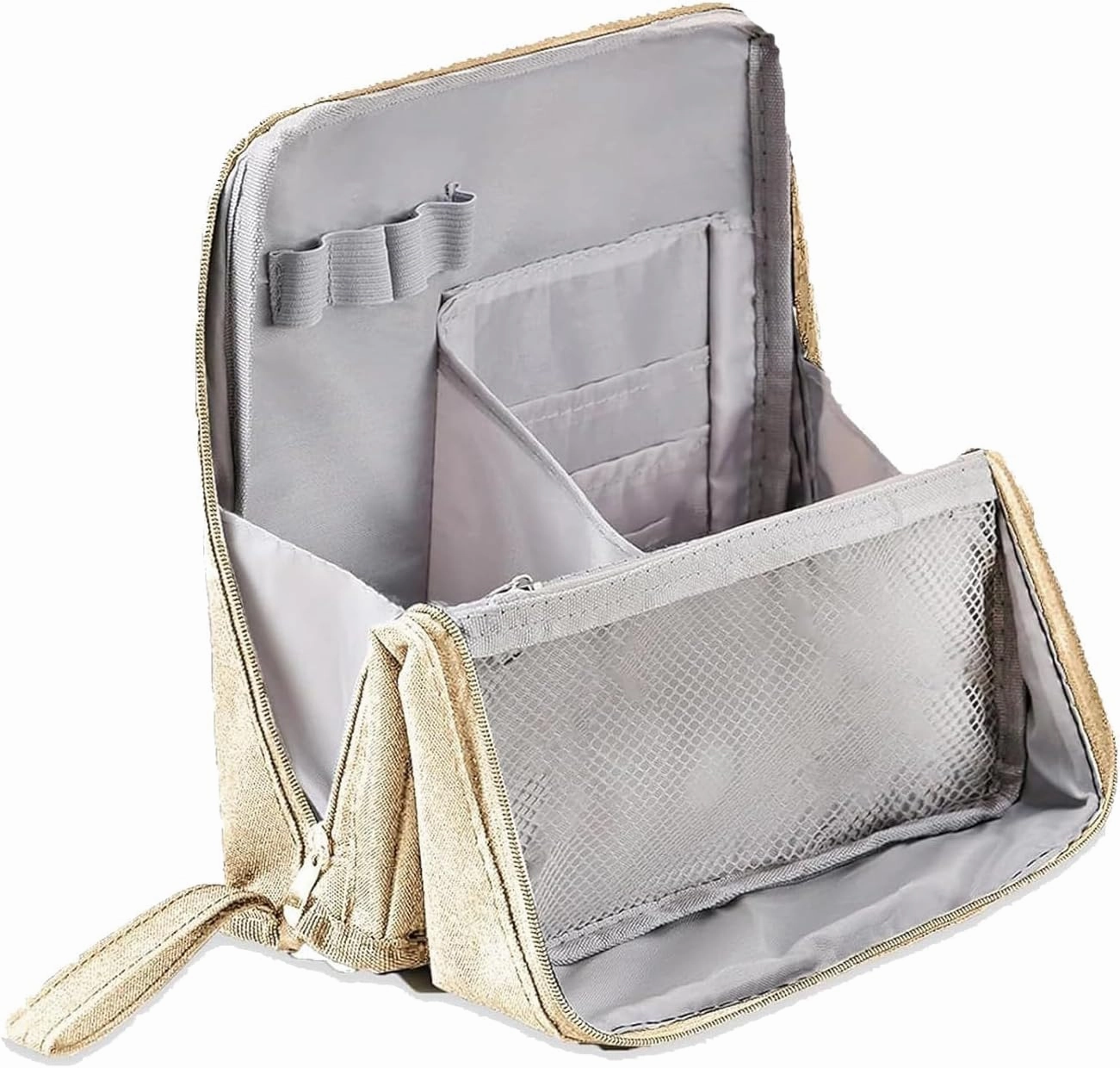 Standing Cosmetic Bag: Large Capacity Oxford Cloth Functional Makeup Case with Room for Brushes & Mirror, Portable Beauty Supplies Storage for Home & Vacation, Multi-purpose Design (Off white)