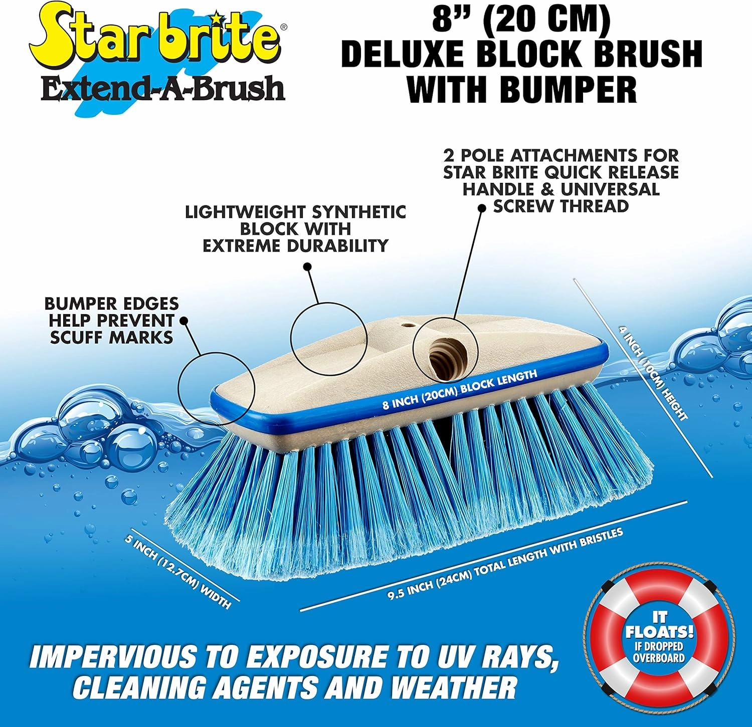 STAR BRITE Premium Medium Wash 8" Brush Head W/Bumper - Dual Connections Fit Either Standard 3/4" Threaded Poles or Extend-A-Brush Handles (Medium) (Blue) (040162)