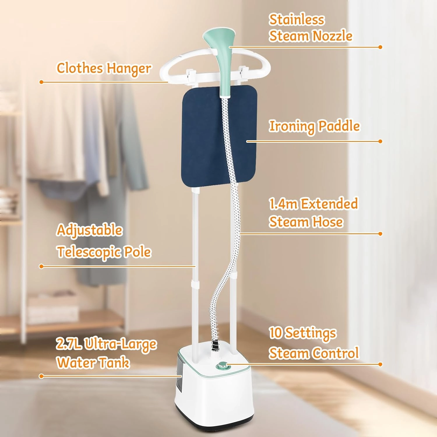 Steamer for Clothes, 2000W Powerful Standing Garment Steamer, 10 Steam Levels, 2.7L Water Tank for 90 Mins Continuous Steaming, Home & Commercial Use, Hanger, Gloves, Fabric Brush (Green)