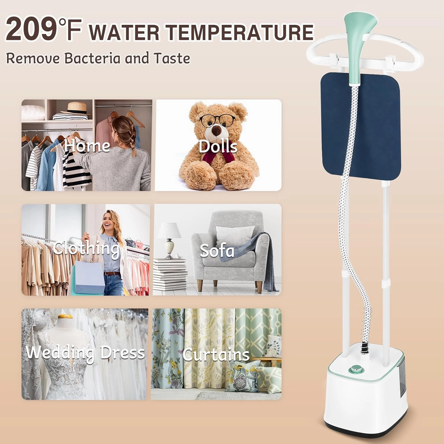Steamer for Clothes, 2000W Powerful Standing Garment Steamer, 10 Steam Levels, 2.7L Water Tank for 90 Mins Continuous Steaming, Home & Commercial Use, Hanger, Gloves, Fabric Brush (Green)