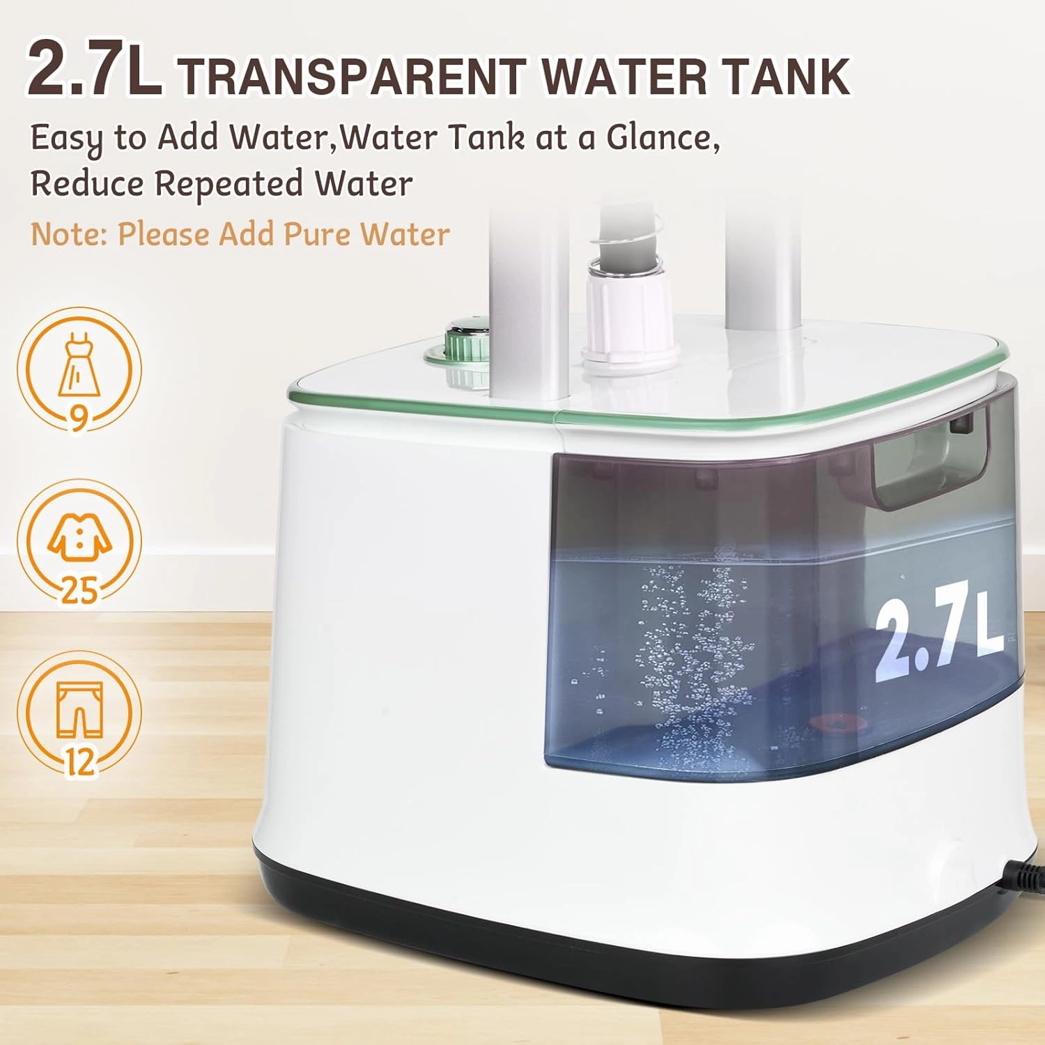 Steamer for Clothes, 2000W Powerful Standing Garment Steamer, 10 Steam Levels, 2.7L Water Tank for 90 Mins Continuous Steaming, Home & Commercial Use, Hanger, Gloves, Fabric Brush (Green)