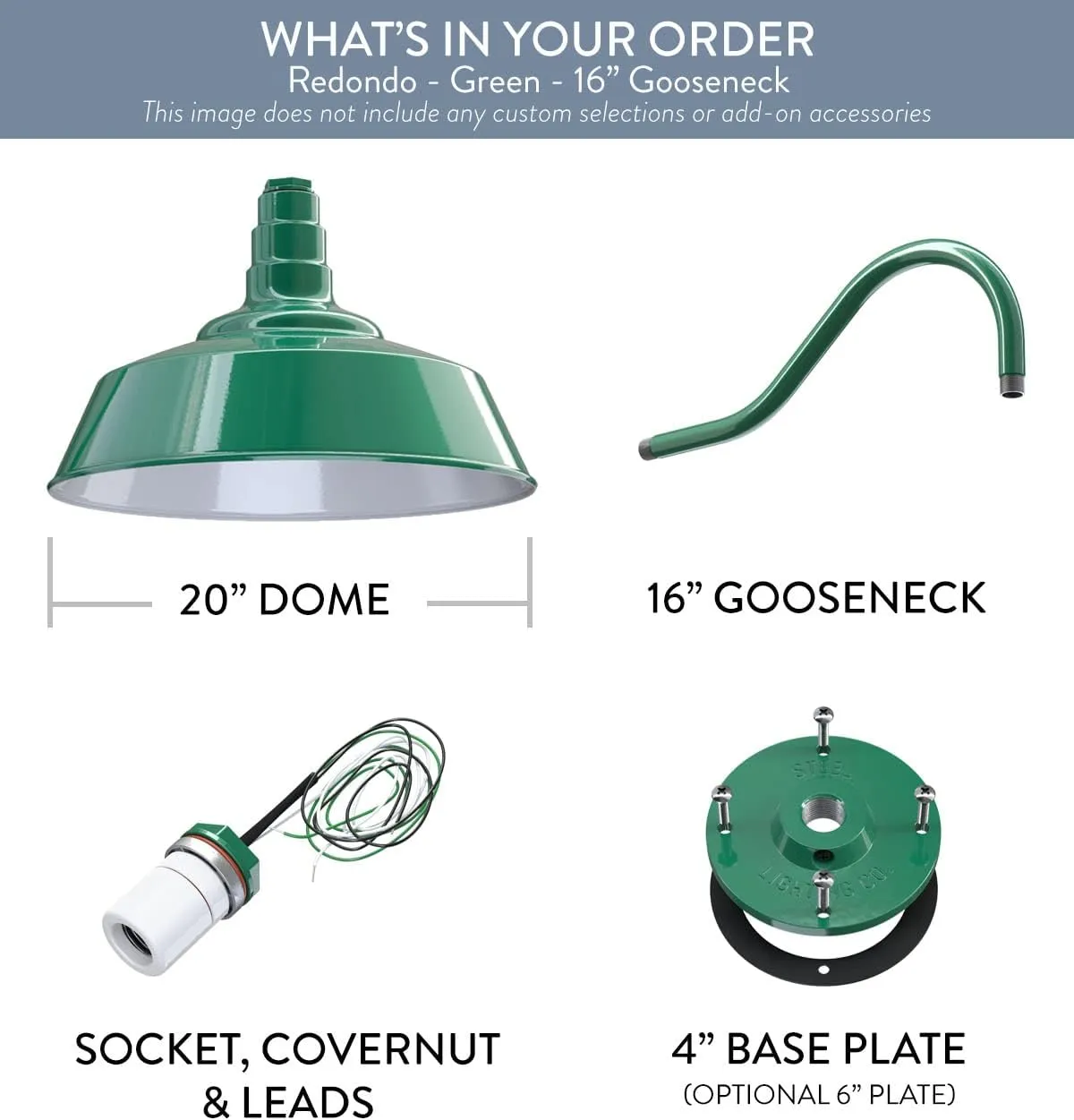 Steel Lighting Co. Redondo Barn Light | Outdoor Wall Mounted | 20 inch Dome | 16 inch Gooseneck | Large Farmhouse Warehouse Light Made in America | Green Exterior/White Interior