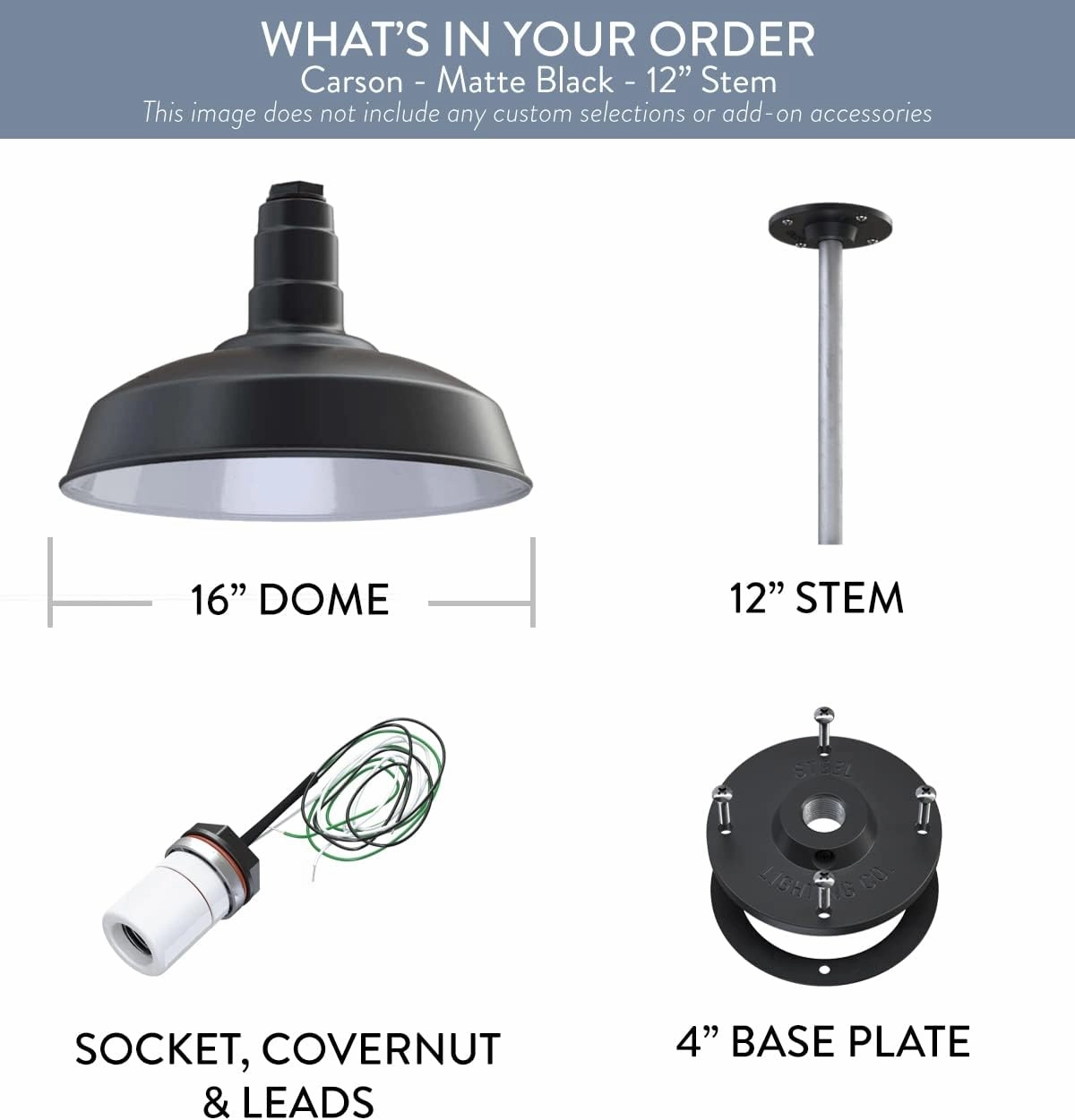 Steel Lighting Co. Carson Barn Light | Ceiling Mounted Pendant | 16 inch Dome | 12 inch Stem | Industrial Style Steel Light Made in America | Matte Black Exterior/White Interior