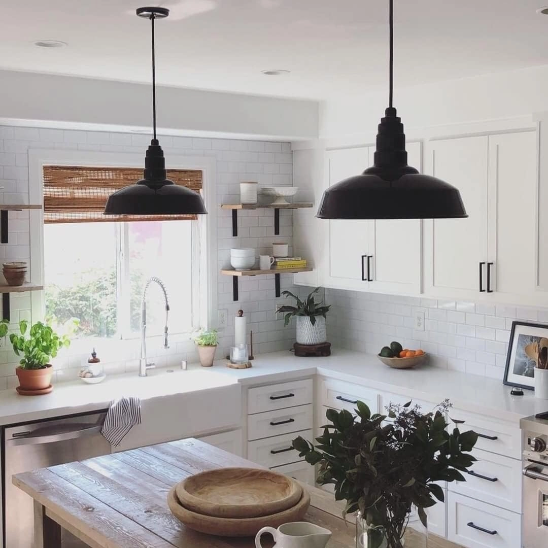 Steel Lighting Co. Carson Barn Light | Ceiling Mounted Pendant | 16 inch Dome | 12 inch Stem | Industrial Style Steel Light Made in America | Matte Black Exterior/White Interior