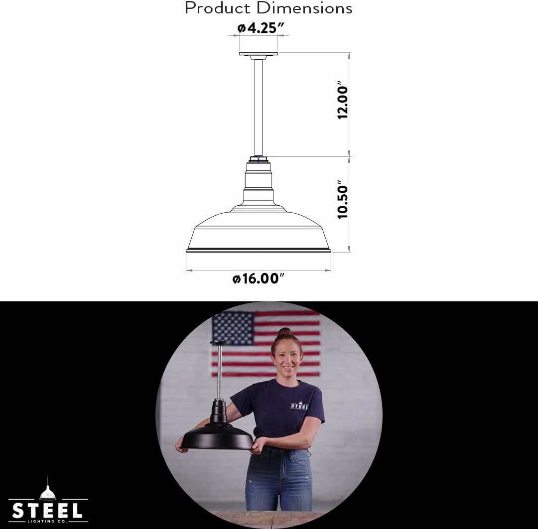 Steel Lighting Co. Carson Barn Light | Ceiling Mounted Pendant | 16 inch Dome | 12 inch Stem | Industrial Style Steel Light Made in America | Matte Black Exterior/White Interior